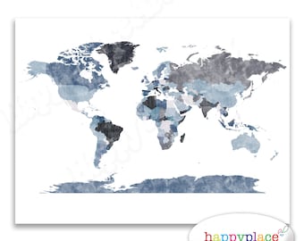 May include: A watercolor world map with a blue and gray color scheme. The map is outlined in black and shows the continents and countries of the world.