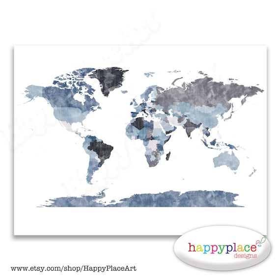 Large Grey World Map Wall Art Poster with lovely printed texture. Printable Digital Watercolour Map. Personalised Text avail on request.