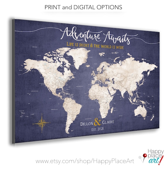 Large Push Pin Map, Customized Pin Board Mounted on Foam Board, Canvas or Map Poster Print, Modern Map Print, Purple & Gold Personalization