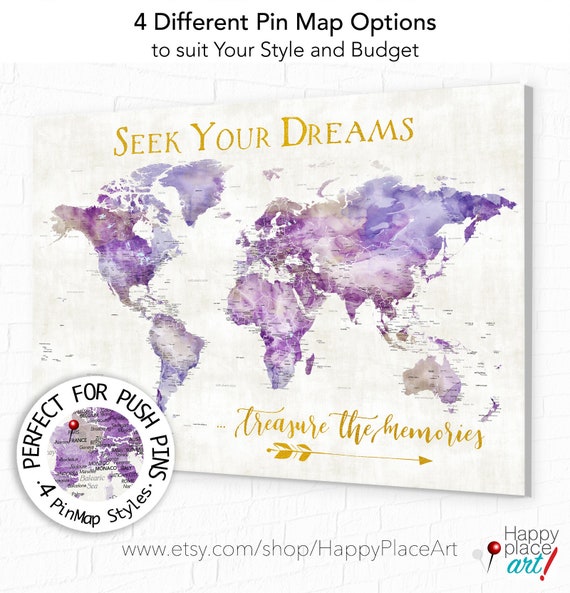 Purple and Gold Art, Elegant Map with any Optional Wording, Travel Gift for Sister, Wanderlust Detailed World Map as Print, Canvas, Pin Map