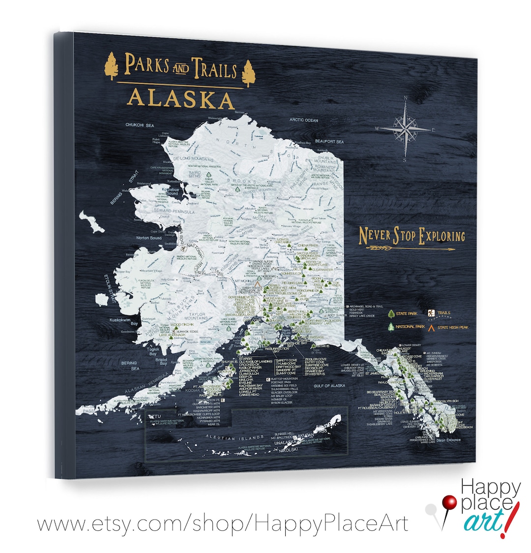 Alaska Map With Hiking Trails, State Parks, National Parks, Gift for ...