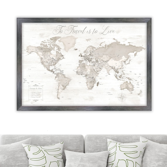 Framed Personalized World Map with Legend. Neutral Colour Wall Map. Perfect Anniversary Gift for Husband. To Travel is to Live or own text.