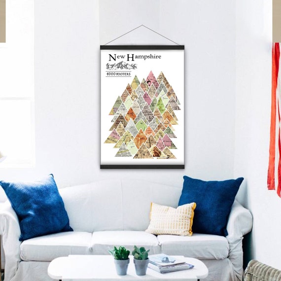 New Hampshire 4000 footers Hanging Canvas Adventure New England NH Map Print, Mountain Hiking, Outdoor Hiker Gift, Personalized Dad Gift