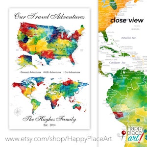 USA and world map, 2 Map Set as ONE Print, Push Pin USA Map & World Map Pair, Gift for Husband, Travelling Military Family Personalize gift image 1