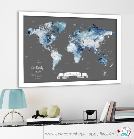 Large Push Pin Map, Man Cave Adventure Canvas, Poster or World Map Print for Traveling Family. Personalized Watercolor Map, Gift for Husband