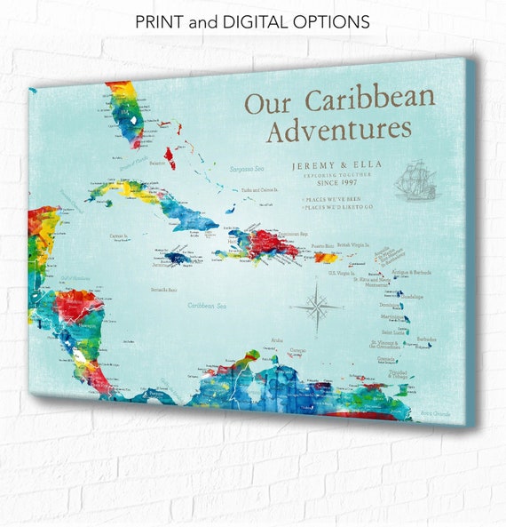 Caribbean Push Pin Map, Pretty Travel Map, Personalized Bucket List Map, Caribbean Cruise Family Reunion, Honeymoon Souvenir map, Canvas map