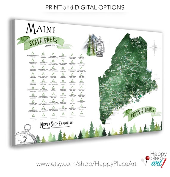 Maine State Park Map Gift, Maine Hiking Map, State Park Checklist for Maine, ME State print, New England Hiking Trails Push Pin Map Board