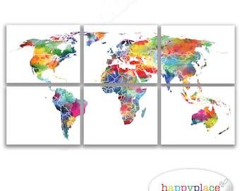 Very Large World Map in a series of 6 Panels. Very Bright Colours and Watercolour Texture. Digital Printable JPEG files only- Each is11x14in