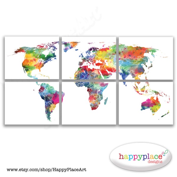 Very Large World Map in a series of 6 Panels. Very Bright Colours and Watercolour Texture. Digital Printable JPEG files only- Each is11x14in