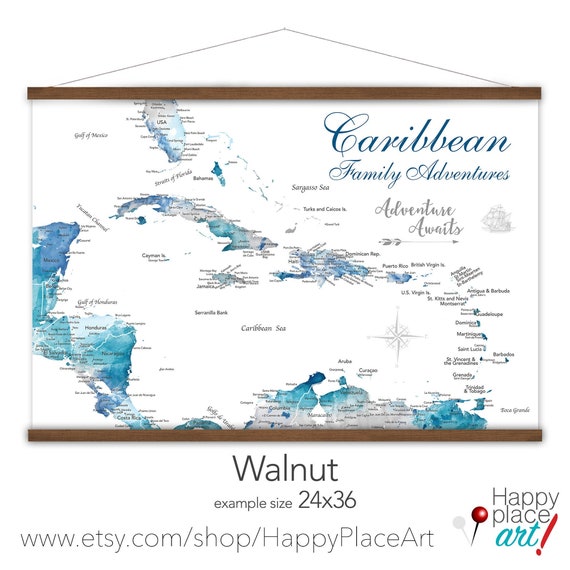 Caribbean Map Canvas, Caribbean Island Map, Large Map of Caribean, Island Cruise Map, Caribbean Travel Wall Map, Bahamas, Jamaica Map Print