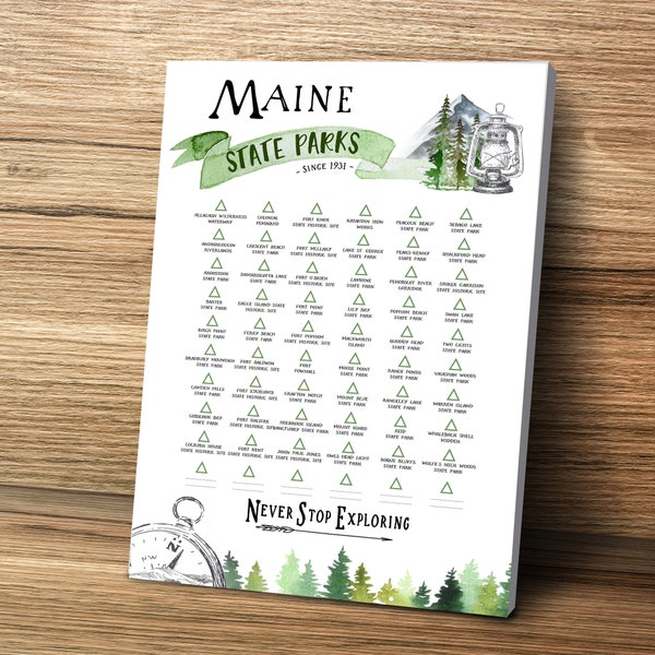 Hiking in Maine State Park Checklist, ME State PinBoard, Maine Gift, Visited State Parks List Personalize for Gift for Hiker, Maine Wall Art