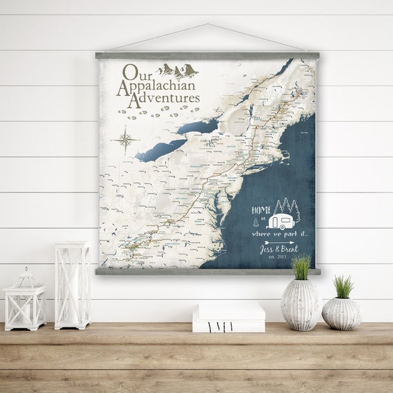 Appalachian Map Personalized Print Gift, Canvas Hiking Adventures, Family Outdoor Wall Map, East USA RV map, Caravan Decor, Peak Bagging Map