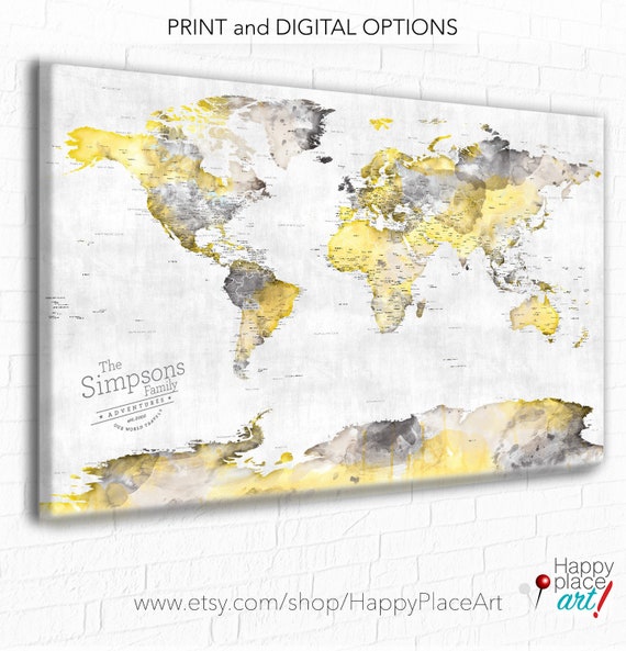 Gray & Yellow World Map Wall Art, Push Pin Map 24x36 40x60, 30x40 inch and large sizes Paper Anniversary First Anniversary Gift for Husband