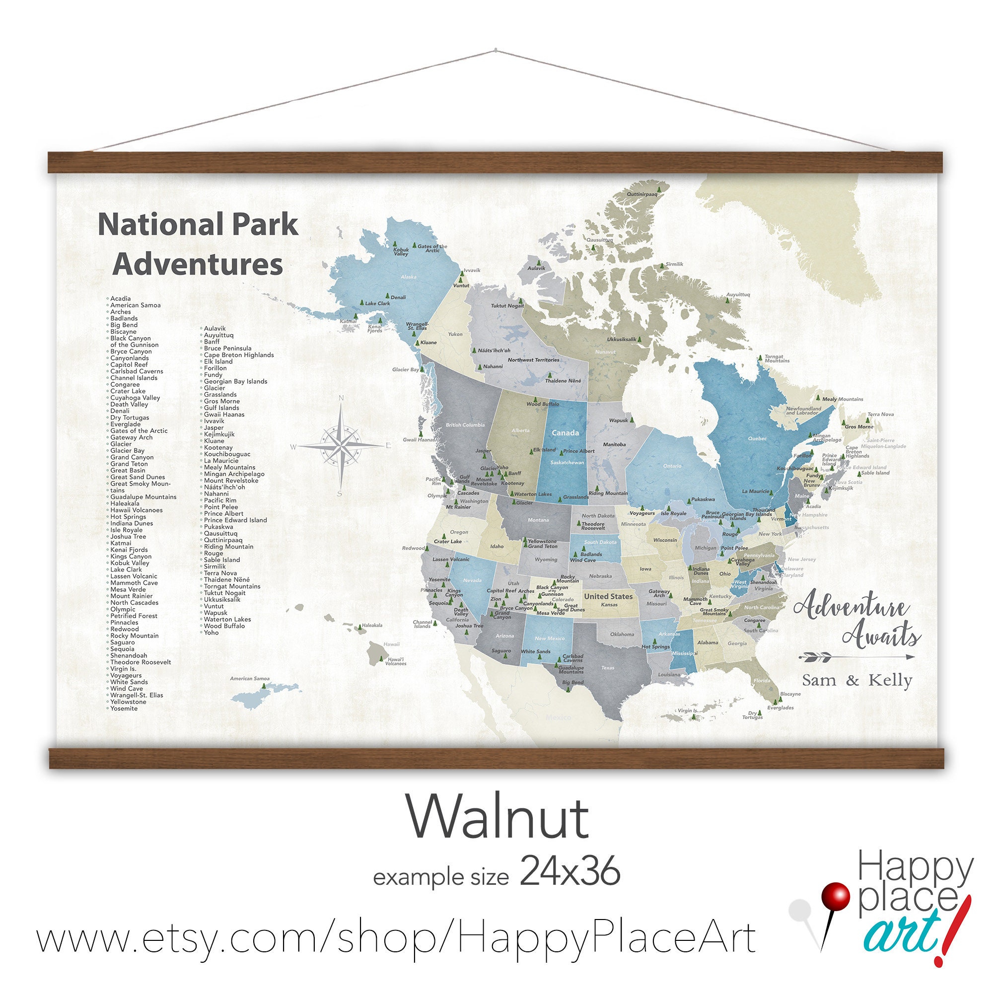 Road Trip Map, USA and Canada Canvas Wall Map, Parks of North America ...