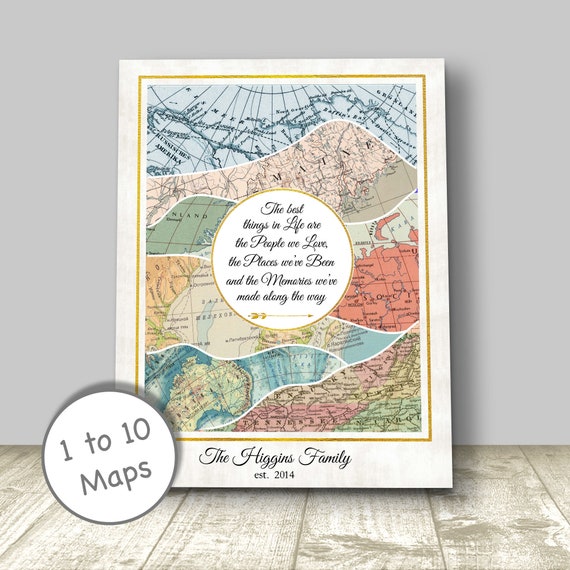 Anniversary Gift, Family Adventures or Retirement Travel Themed Gift, Personalized Vintage Map Adventure Map Canvas, Print or Framed.
