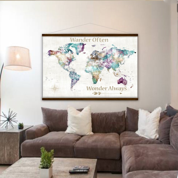 Any Title - Detailed World Map, Traveler gift. Office Wall Map, Canvas World map with Cities detail,  5 wood frame colors, Personalized Map