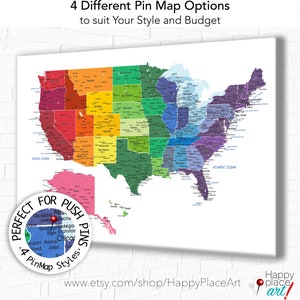 Bright rainbow color united states map, US map canvas, Family travel push pin map, Pushpin travel map, personalize USA map, USA map & cities image 8
