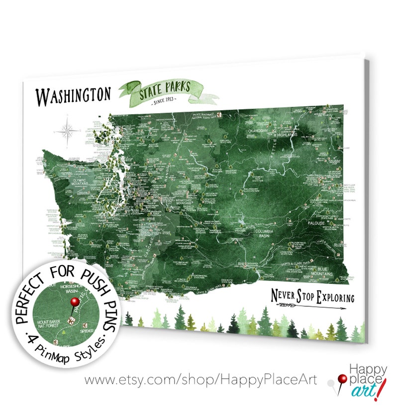 Washington State Parks and Hiking Trails Map, WA map Hiking Gift, State Park Checklist for Washington Parks, WA Push Pin Map PinBoard Gift image 9