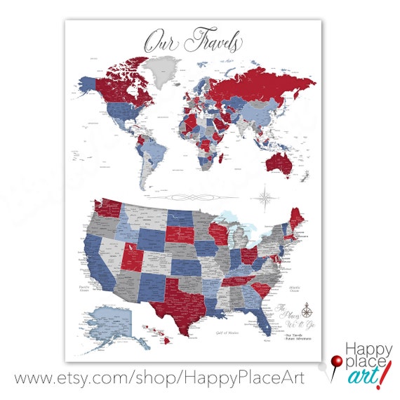 Detailed USA and World Map in one print. Maps with cities, Educational Homeschooling Map, Large Push Pin Map, Wall Art Map of the USA pinmap