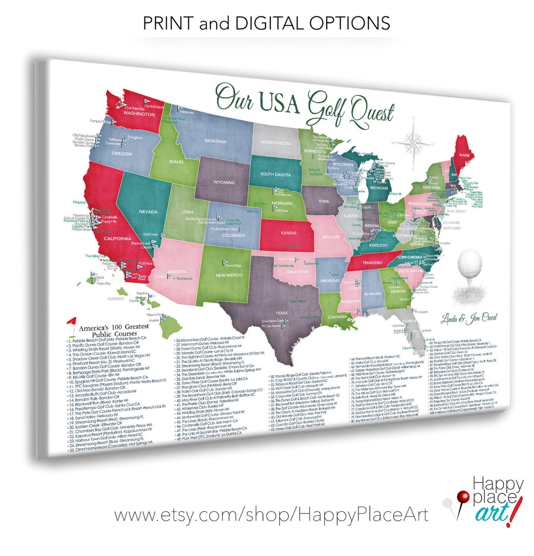 Top 100 Public Golf Courses Map of USA, Gift for Golfer, Personalized