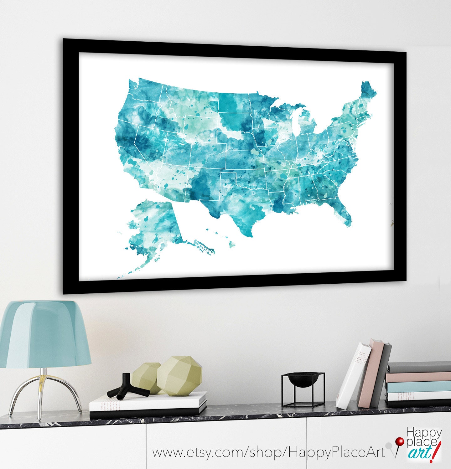 Large USA Push Pin Map, Canvas, Poster or Digital Download, Turquoise
