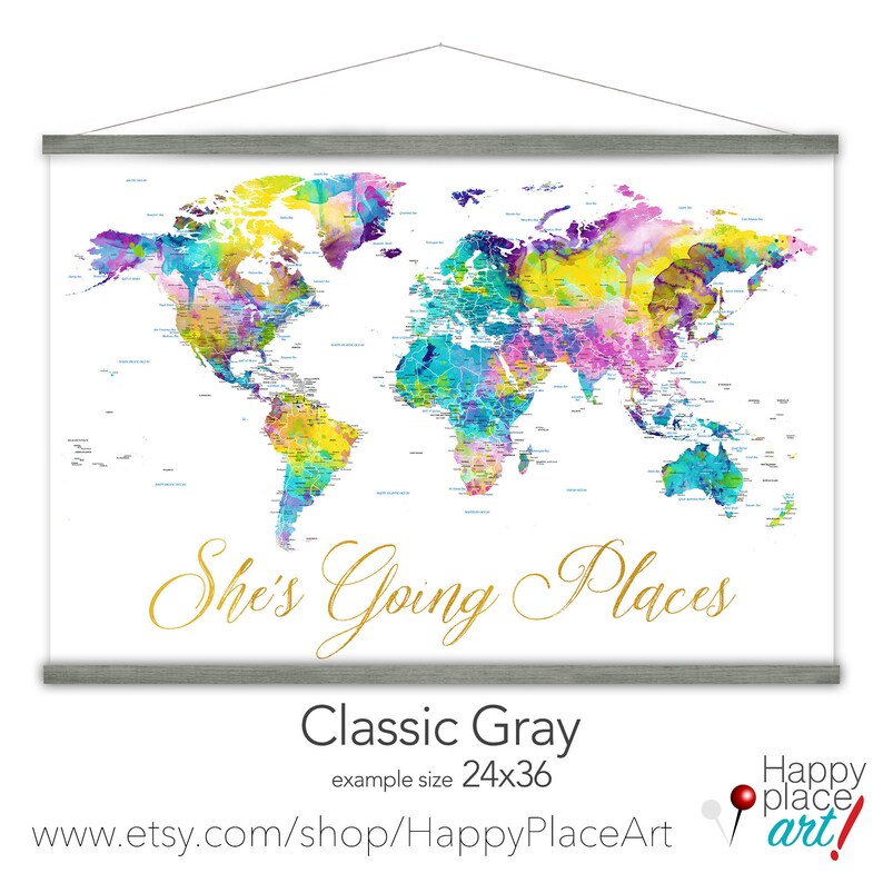 Pretty Canvas Map of the World, Personalized Map, Gift for Niece World Map Print, Large Dorm Wall Decor, She's Going Places Personalized Map image 2