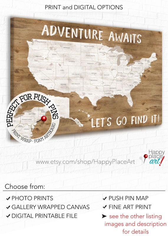 Adventure Awaits, Adventure Map, Personalised Text, USA map with city, State names, Pin Travel map, Map of USA, Wood Grain, Neutral USA map,