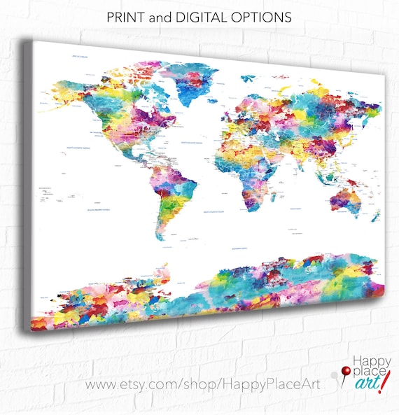 Pastel Watercolor Map, Huge World Map, World Map, Soft Colours, Art Map, Country, States, Cities included, Pastel Map, Push Pin, Travel Map