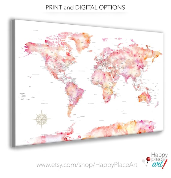 Pretty World Map, Pink Watercolor Map, Personalized Framed Pin Map to Canvas Push Pin World Map, Giclee Print or Digital Download Large Map