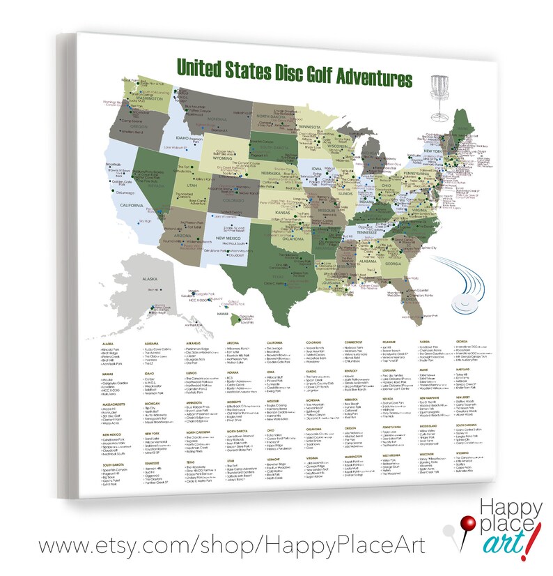 May include: A canvas print titled "United States Disc Golf Adventures" featuring a map of the U.S. with each state colored in shades of green, gray, and blue. The map includes disc golf course locations and a disc golf basket graphic.