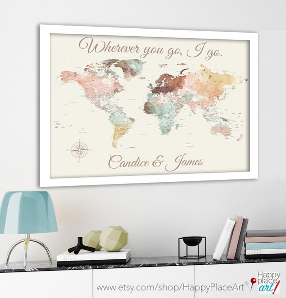Personalized Romantic World Map Poster, Customized text, Perfect Paper anniversary gift for Husband, Gift for wife for Anniversary, Pin Map