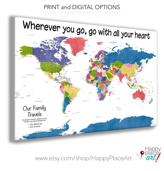 Bright Family Travel Map for Push Pins. Mounted on Foamboard to make Pinboard Map. Very Large Educational Detailed World Map, Canvas option