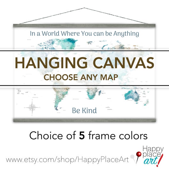Canvas Wall Map Comes Ready to Hang on Timber Bars. Turn Any Happy Place Art Map detailed map. Inexpensive Personalized Travel Map Gift