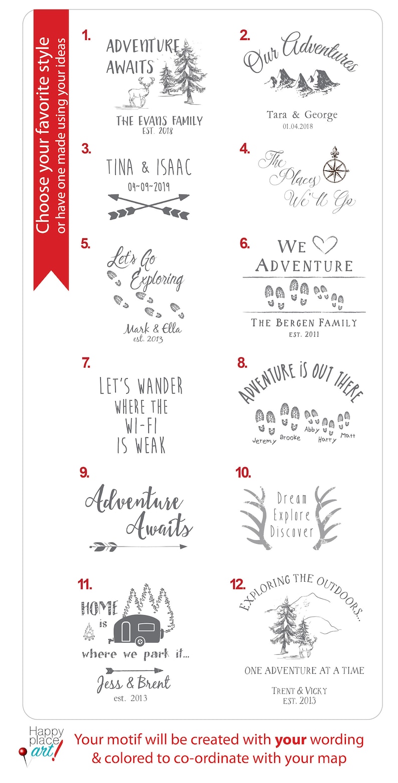 Puede incluir: Doce dise&ntilde;os diferentes para un motivo de mapa personalizado. Cada dise&ntilde;o presenta una frase y un gr&aacute;fico con tem&aacute;tica de aventura, como "La aventura te espera" con un ciervo y pinos, "Nuestras aventuras" con monta&ntilde;as y "Vamos a explorar" con huellas. Los dise&ntilde;os est&aacute;n numerados del 1 al 12.