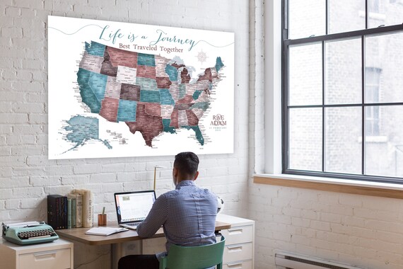 Large USA Push Pin Map, Gift for wife, Travel themed Office Wall Art, USA Map. Canvas, Large Poster or Pinboard map, Personalized Legend