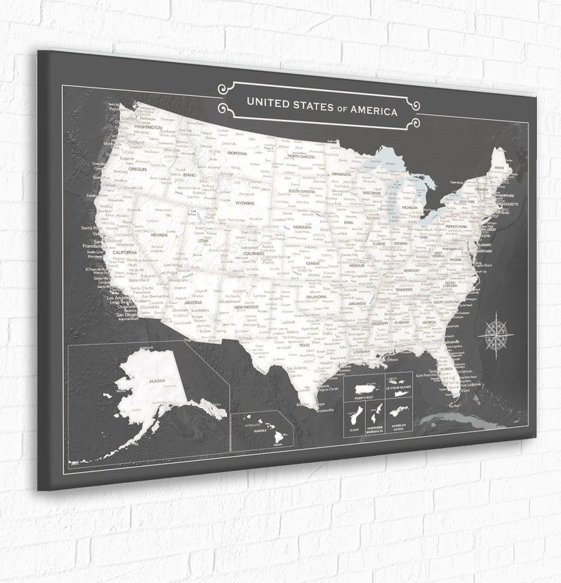 Large Office Style Map Art Gift for Dad, Neutral Color Travel Push Pin USA Map for Father's Birthday, Classy Black, White & Beige Wall Decor image 3