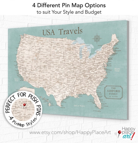 Modern USA Map with Vintage Look, Detailed USA cities for Push Pin Map, Canvas or Poster Wall Map of the United States for Family Adventures