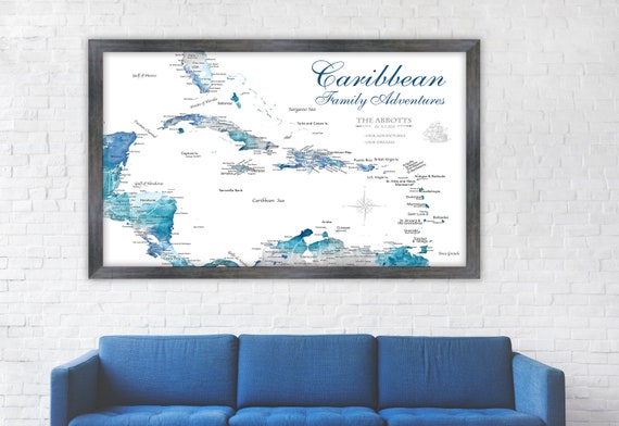 Family Map of Caribbean Travels, Push Pin Map, Canvas or Art Print. Caribbean Gift for Family, Wall Map, Memento of Cruise, Island Sailing