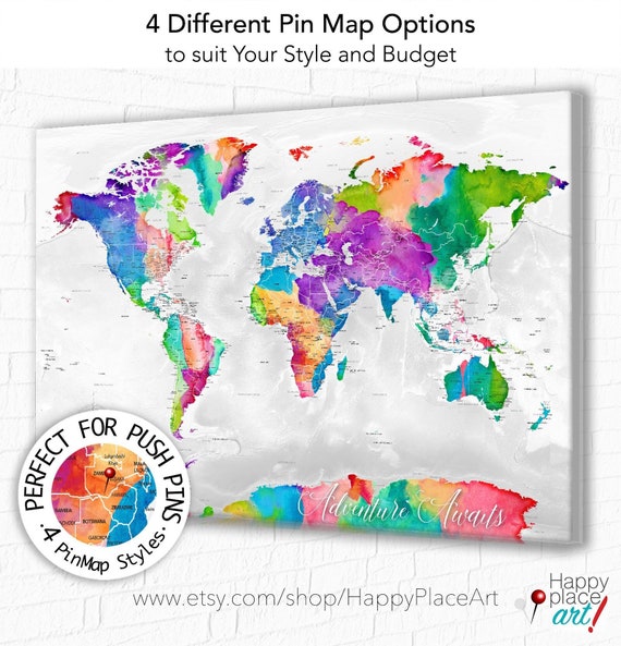 Adventure Awaits Map for Teenager, Active Family Map, Planning Travel Pin Map, Bright world map Canvas, Poster or Digital World map Download
