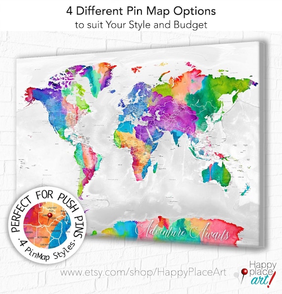 Adventure Awaits Map for Teenager, Active Family Map, Planning Travel Pin Map, Bright world map Canvas, Poster or Digital World map Download