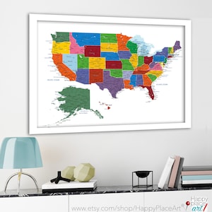 Detailed USA map with cities, and states labels. US map print with city names and state names added. Neutral colors. Push pin map idea image 9