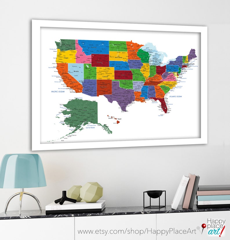 Detailed USA map with cities, and states labels. US map print with city names and state names added. Neutral colors. Push pin map idea image 9