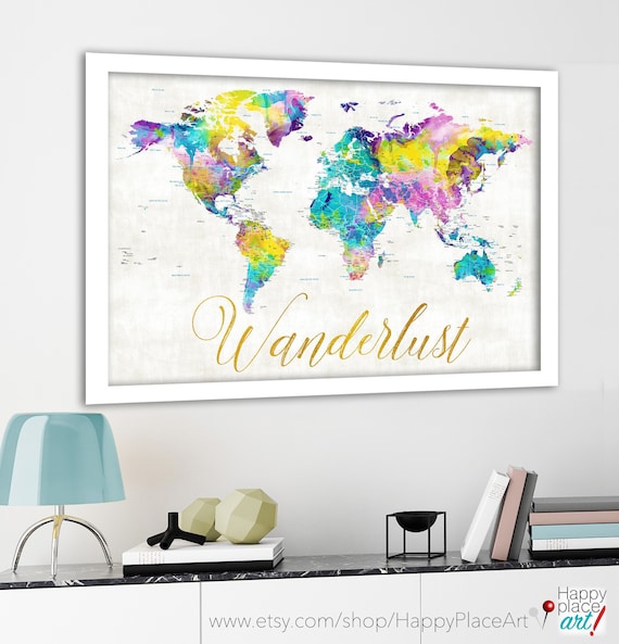 Wanderlust World Map. Perfect gift for girlfriend, Going to College, Dorm Wall Art. Push Pin Travel map poster, canvas or framed map avail.