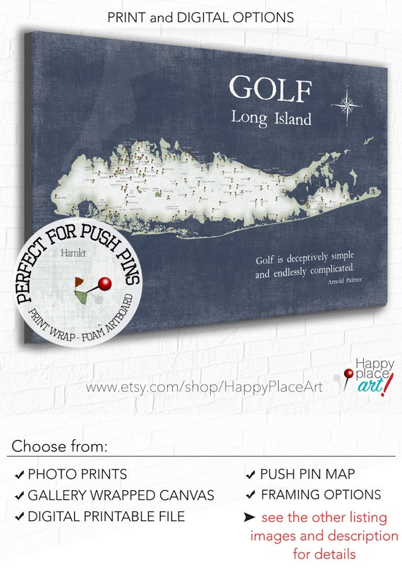 Long Island Golf Map, Golfing Gift for Long Is, Personalized Golfer Gift Art Print, Custom Push Pin map, canvas or Framed Long Is. New York