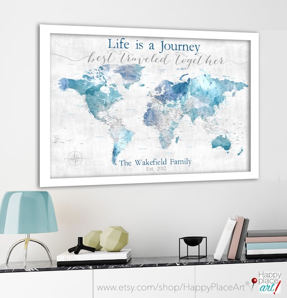 Life is a Journey World Map for Mom, Mother's Day Gift Map for Family Adventures, Push Pin Map Legend, Watercolor Map Print, Canvas, Pin Map