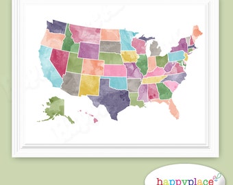 Mapa de EE. UU. Acuarela imprimible para descarga instantánea en 8x10 y 11x14in - Pastel Rainbow. Elección de fondo de textura blanca o pergamino.
