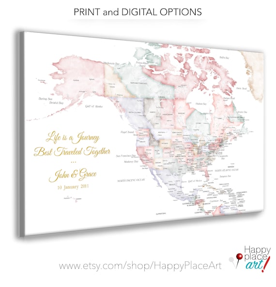 North America Map USA, Canada and Caribbean in Soft Pastel Map Colors, Push Pin Map, Canvas USA Map or Download for DIY, Anniversary Pin Map