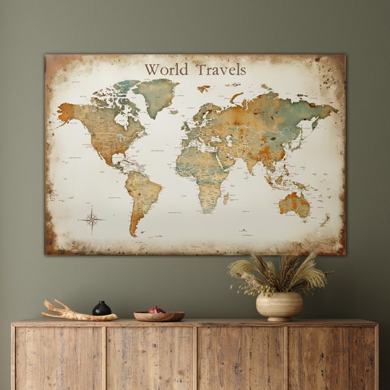 Extra Large Neutral Color Vintage Style Modern World Wall Map, Mounted Foamboard Push Pin Map, Dorm Poster World Travels Map Gift for Him,