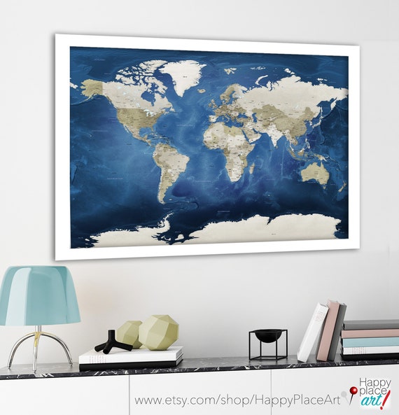 World Map Print, Detailed Educational Map, Push Pin Foam Mounted Map, Printable world map. Dark Blue and Brown, Pin Map, Geographical  map