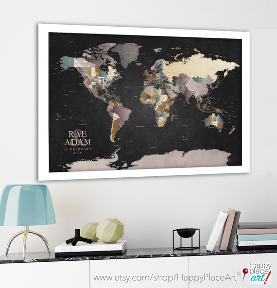 Framed World Map, Personalized Text, Canvas Art Jewel Colors, Detailed Map for Push Pins Add Own Wording, Family Travel Adventure Pin Map